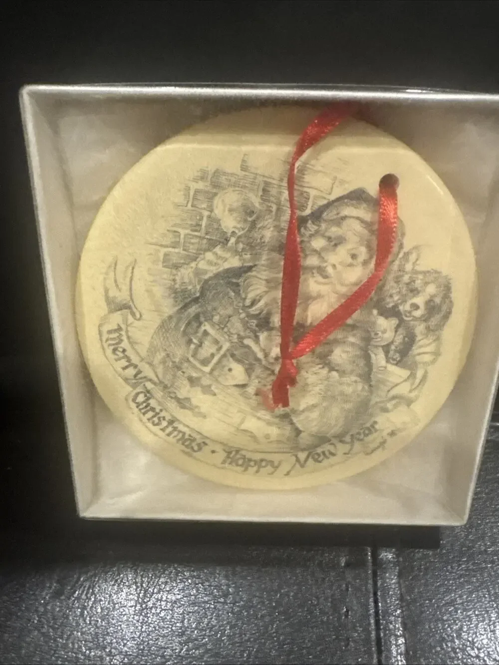 Vintage Scrimshaw Santa Ornament History Art USA w Box Christmas Decor